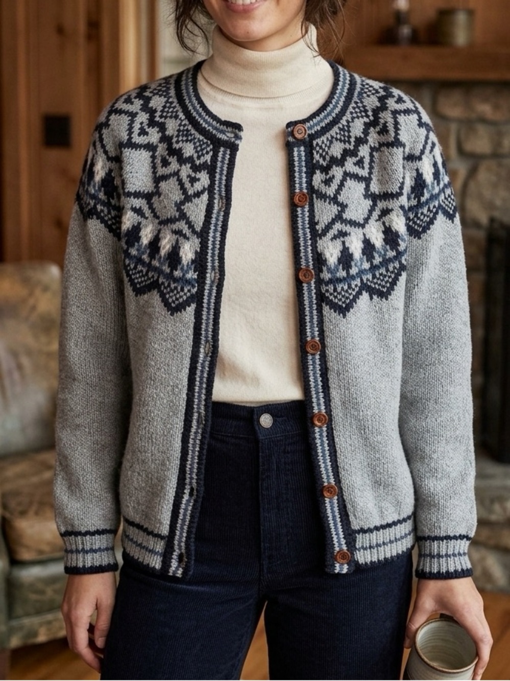 Vintage EASYWEAR Gray Nordic Pattern Button Down Cardigan